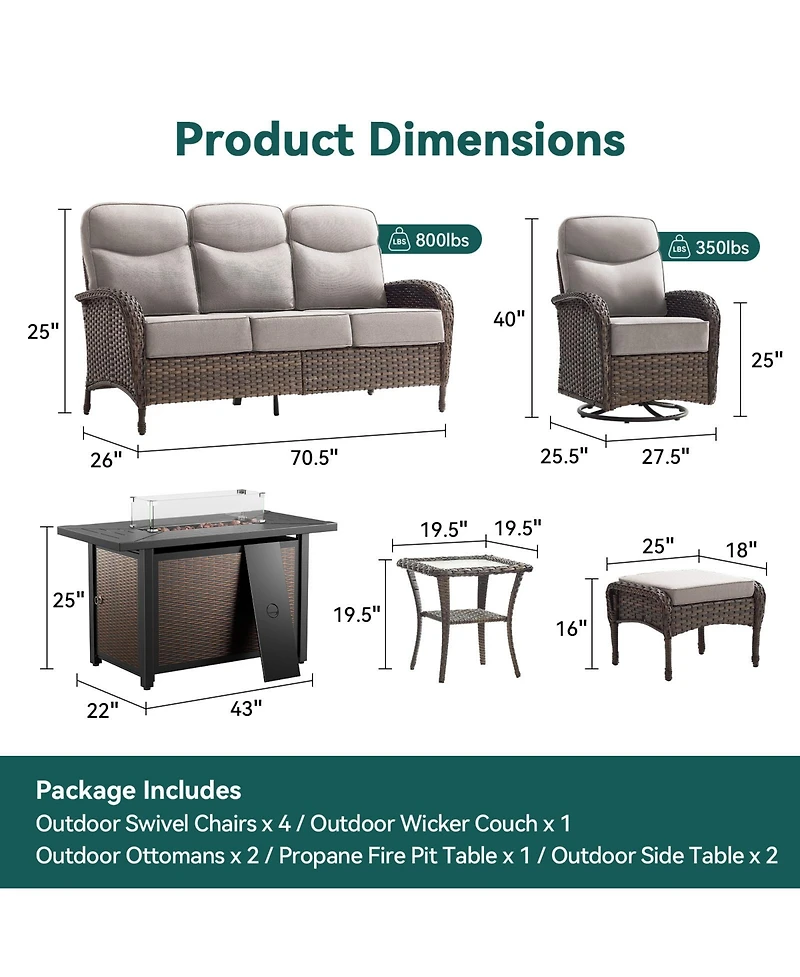 Pocassy Patio Furniture Set with 6-Inch Thick Cushions, Outdoor Couch and Swivel Rocker Chairs, Wicker Conversation for Porch Deck
