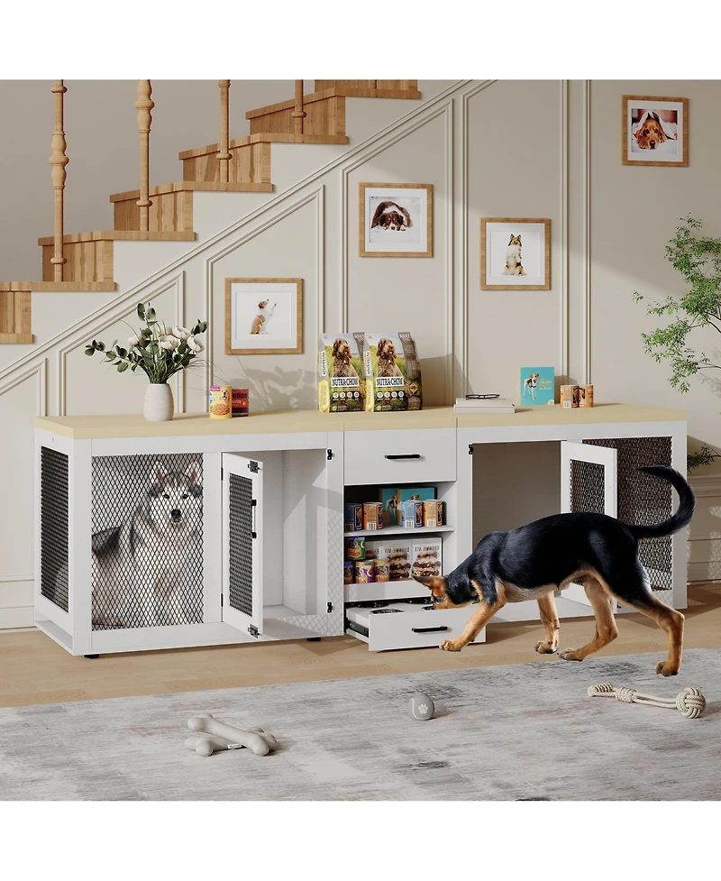 homfan Double Dog Crate Furniture Extra Large Wooden Dog Kennel with Feeding Station, Divider, and Storage Shelves for Large Dogs
