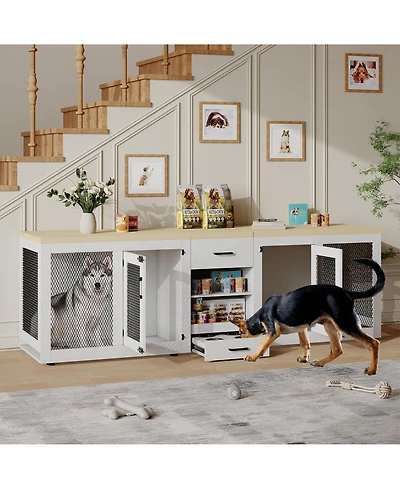 homfan Double Dog Crate Furniture Extra Large Wooden Dog Kennel with Feeding Station, Divider, and Storage Shelves for Large Dogs