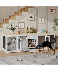 homfan Double Dog Crate Furniture Extra Large Wooden Dog Kennel with Feeding Station, Divider, and Storage Shelves for Large Dogs