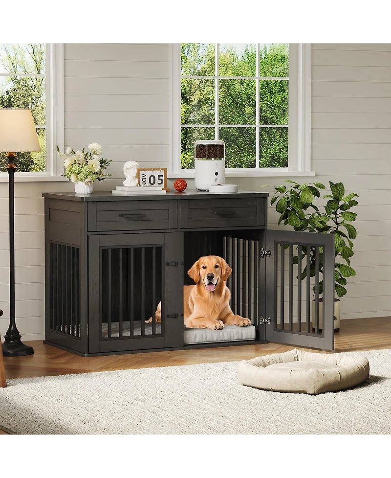 homfan Dog Crate Furniture Wooden Heavy Duty Indoor Kennel, Storage Drawers