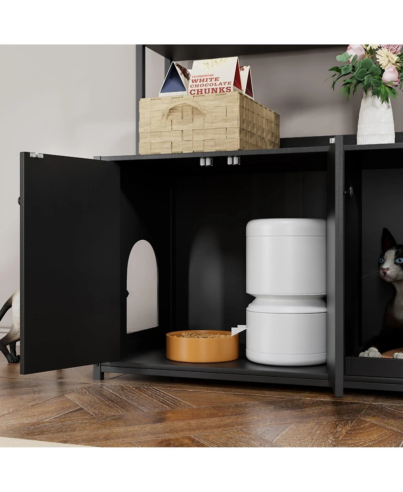 homfan 52" Cat Litter Box Enclosure with Storage Shelves and Double Doors, Modern Wooden Cabinet, Scratch Pad.