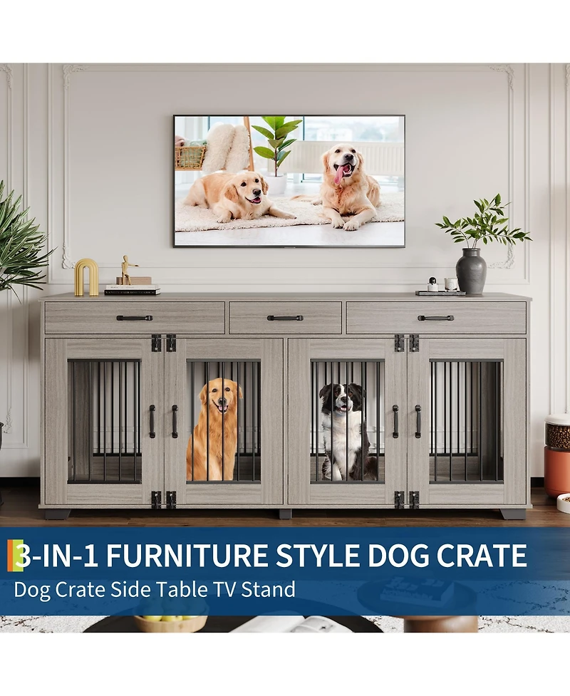 gaomon 71" Large Wooden Dog Crate Tv Stand for 2 Dogs, Indoor Furniture-Style Heavy Duty Kennel with Storage Drawers