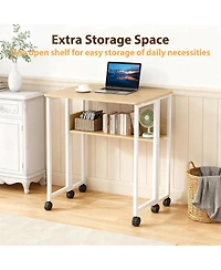 homfan 31.5" Folding Rolling Desk with Storage Shelf, Small Space Computer Table with Wheels, Foldable Workstation for Home Office and Study