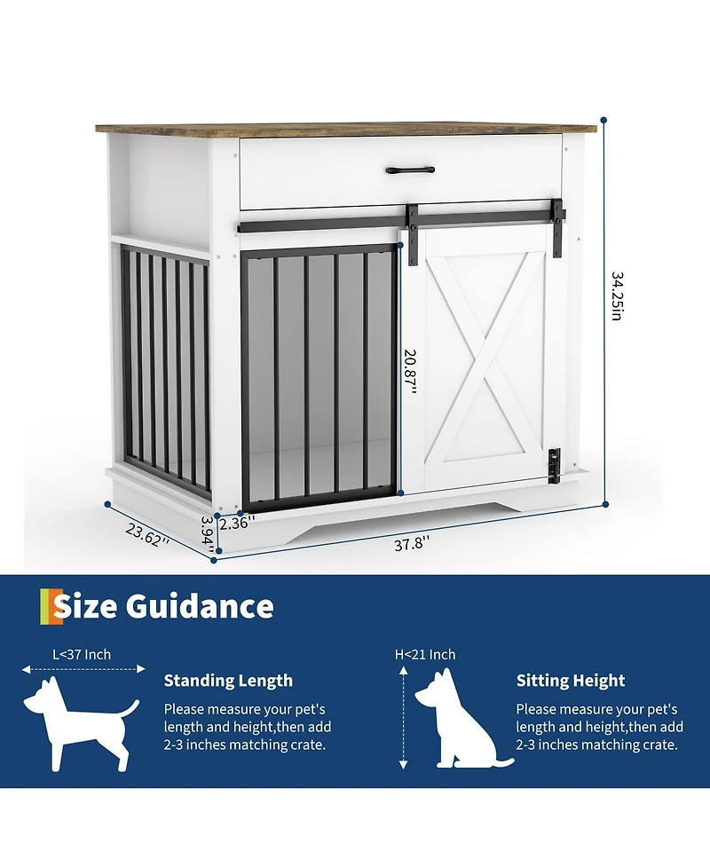 homfan Modern Farmhouse Wooden Dog Crate - Double Doors, Storage Drawer and Cabinet, End Table, Carbon Steel Frame.
