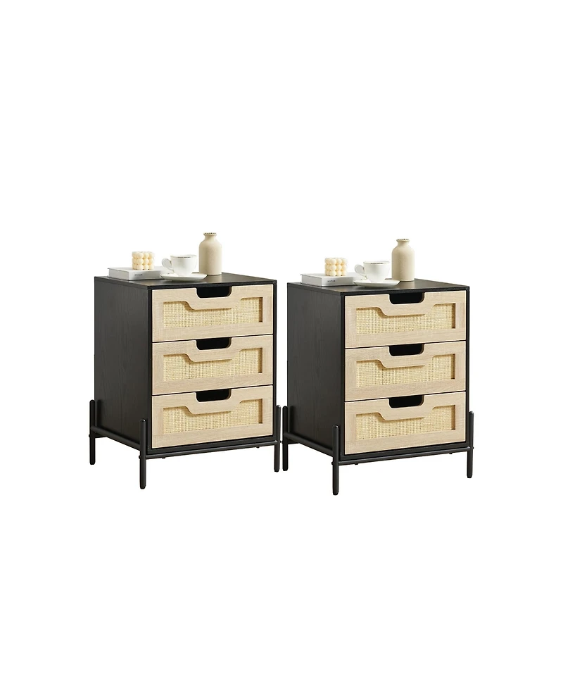 gaomon Set of 2 Rattan Nightstands with 3 Natural Rattan Drawers