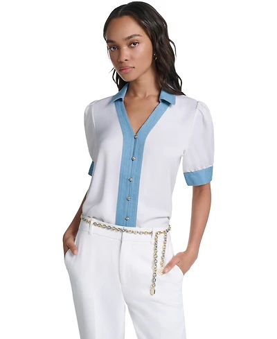 Karl Lagerfeld Paris Petite Collared Button-Front Blouse