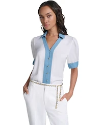 Karl Lagerfeld Paris Petite Collared Button-Front Blouse