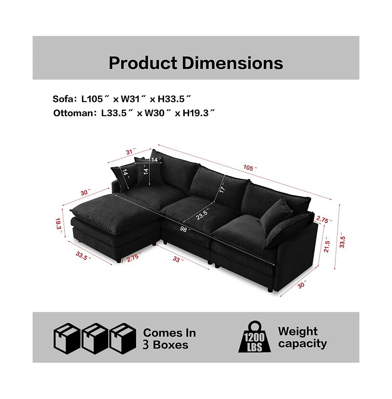 Rainsken 3 Seater L-Shaped Modular Sofa With Footstool, Upholstered Soft Chenille Fabric Sofa