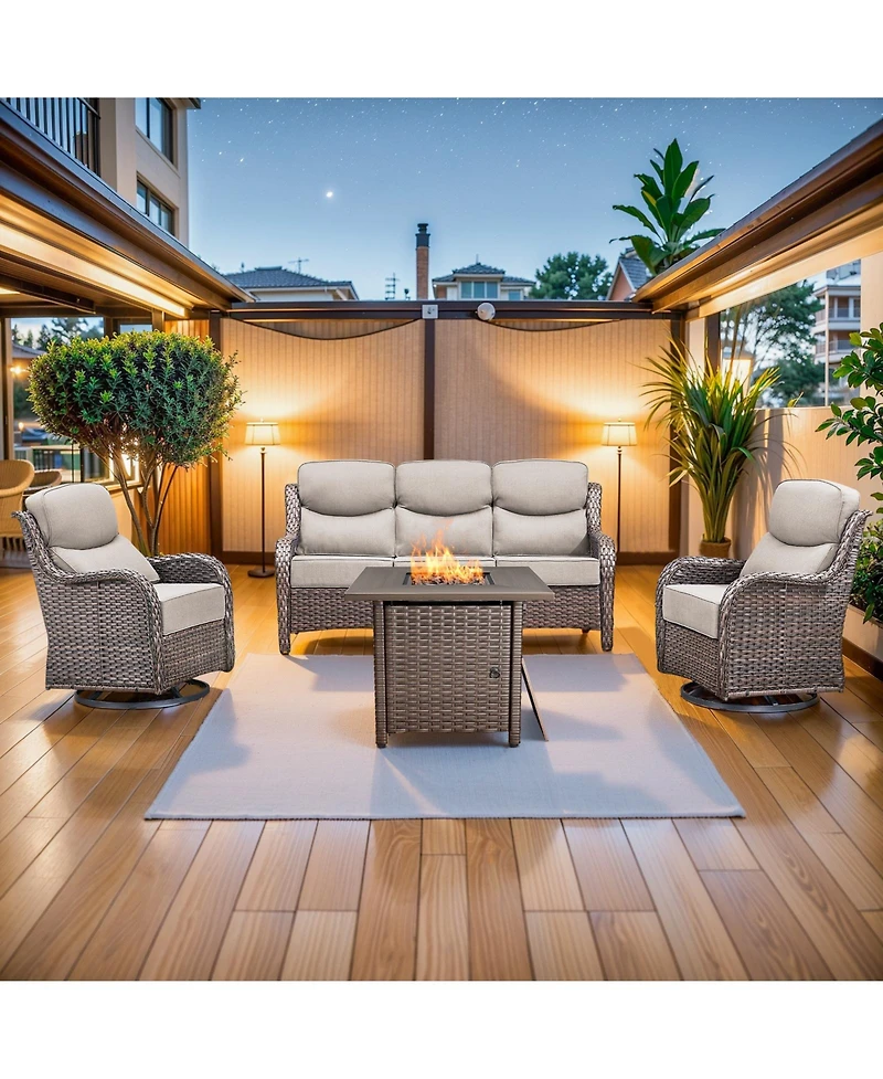 Pocassy 4 Piece Outdoor Patio Furniture Sets with Fire Pit Table,Wicker Sectional Sofa Swivel Chairs,6 Inch Thick Cushion