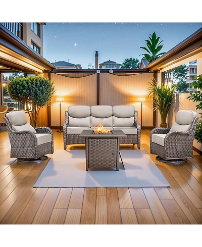 Pocassy 4 Piece Outdoor Patio Furniture Sets with Fire Pit Table,Wicker Sectional Sofa Swivel Chairs,6 Inch Thick Cushion