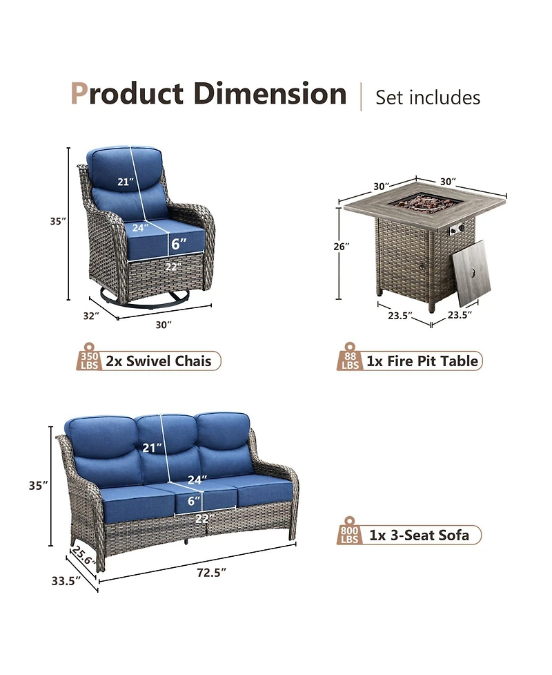 Pocassy 4 Piece Outdoor Patio Furniture Sets with Fire Pit Table,Wicker Sectional Sofa Swivel Chairs,6 Inch Thick Cushion