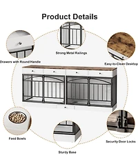 homfan Double Dog Crate Furniture for 2 Small/Medium Dogs with Drawers, Doors, Feeding Bowls, Wooden Indoor Kennel & Tv Stand