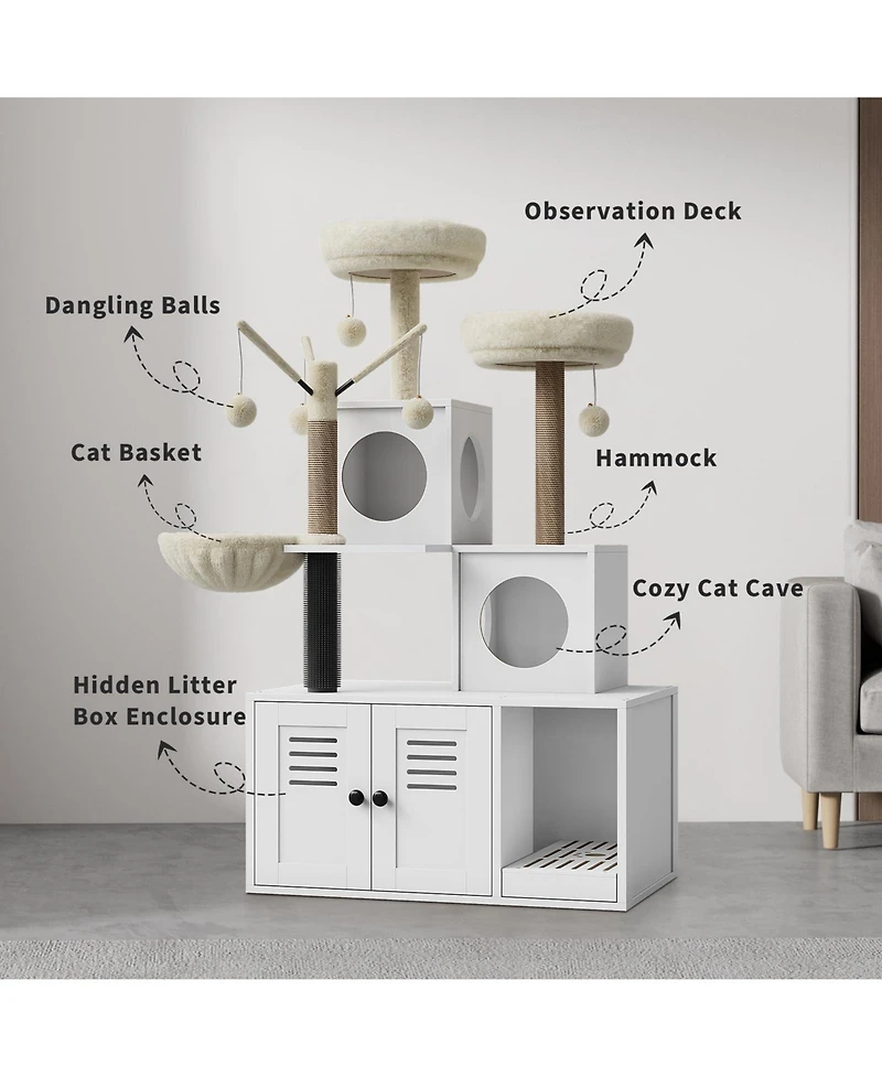 Homfan 2-in-1 Modern Cat House & Litter Box Enclosure with Tree, Hidden Washroom, Hammock, Scratching Posts Soft Perches