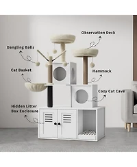 Homfan 2-in-1 Modern Cat House & Litter Box Enclosure with Tree, Hidden Washroom, Hammock, Scratching Posts Soft Perches