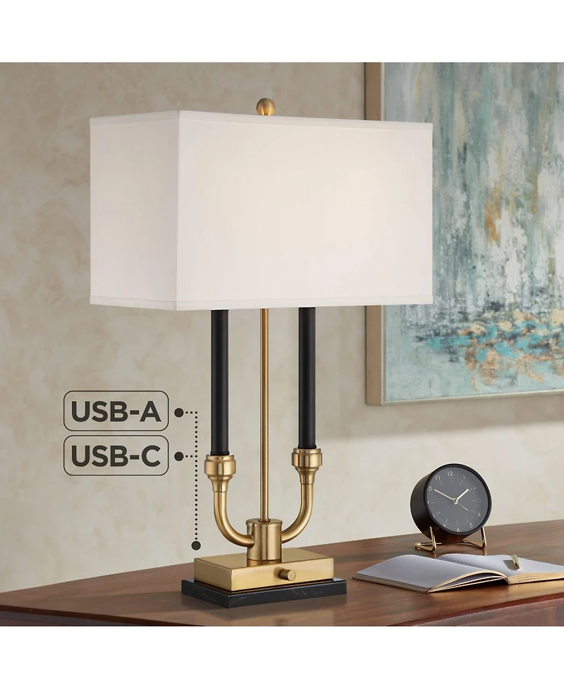 Stiffel Barclay 28" Tall Traditional Table Lamp Dual Usb Ports Black Gold Finish Metal Single White Shade Living Room Charging