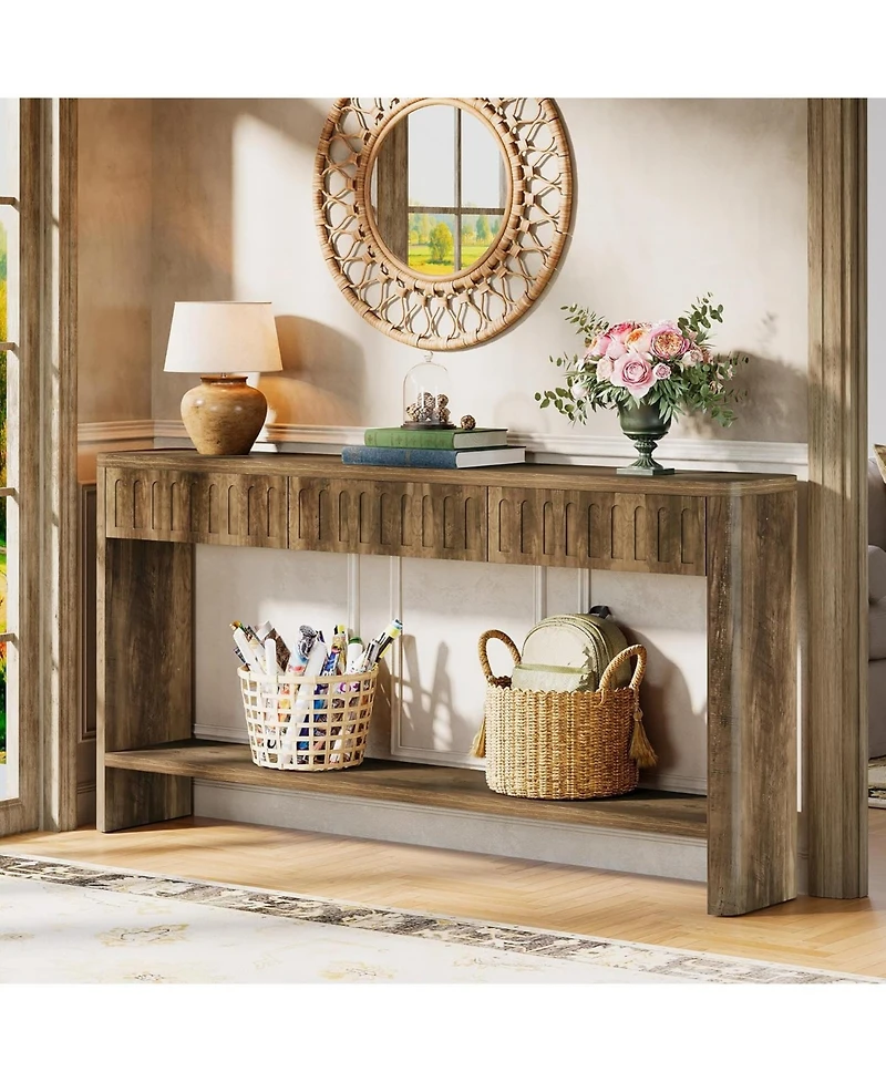 Tribesigns Farmhouse Console Table, Fluted Wood Entryway Table with 3 Drawers and Open Shelf for Behind Couch Living Room Hallway