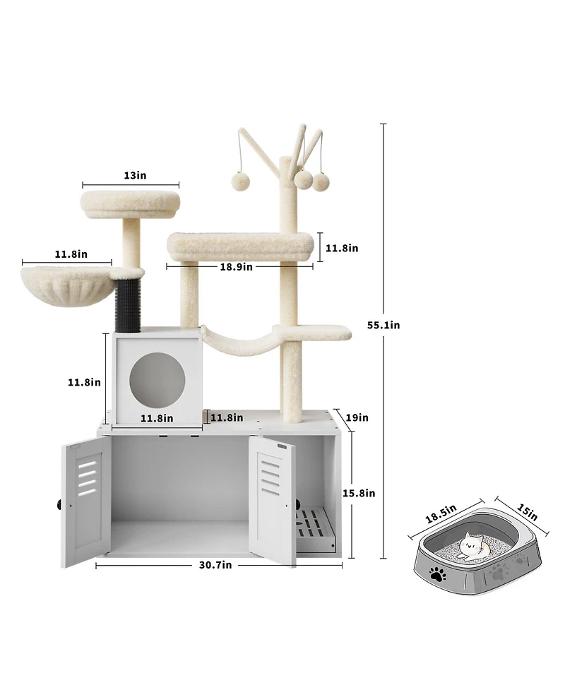 Homfan 2-in-1 Cat Litter Box Enclosure with Tower, Scratching Post, Soft Perch, Multi-Level Platforms & Cat Toy for Indoor Use