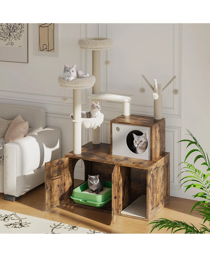 homfan Stylish Wooden Cat Litter Box Enclosure with Barn Door, Bathroom Furniture Cabinet, Fits Most Boxes, Storage Solution, Pet House