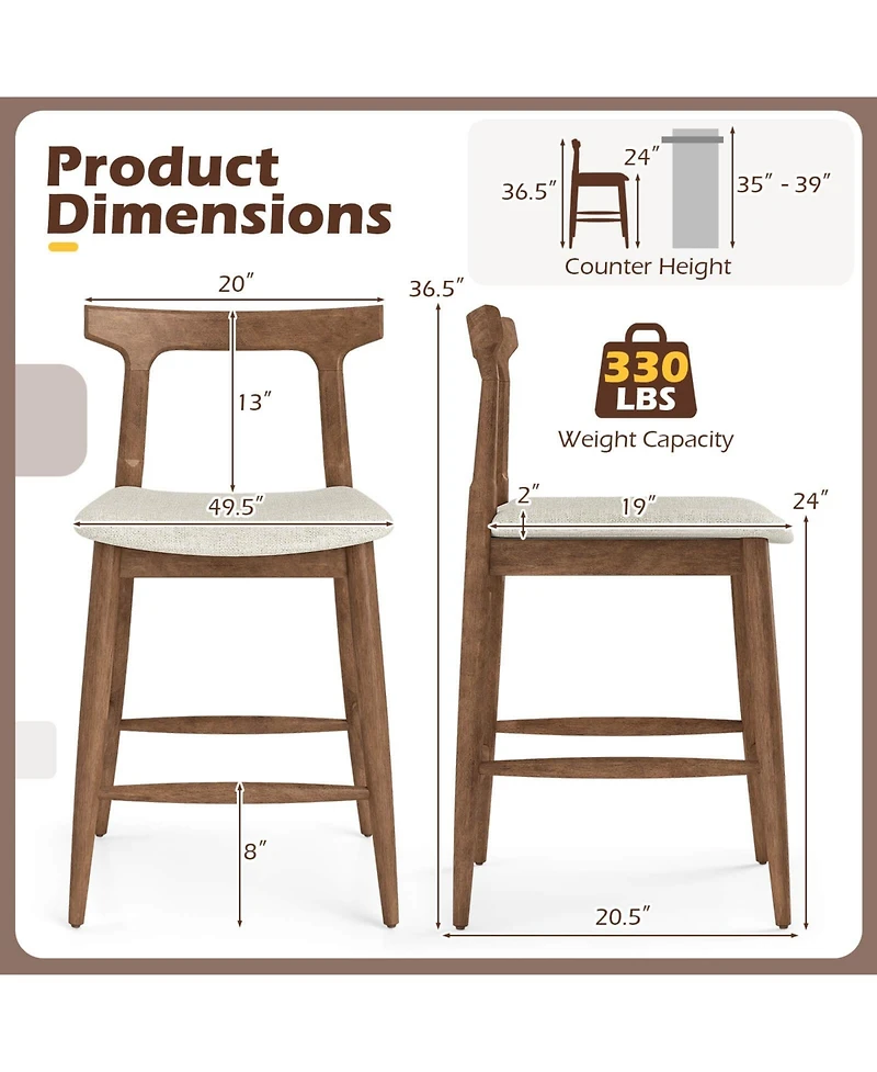 Costway Counter Height Bar Stools with Curved Backs and Upholstered Cushioned Seats