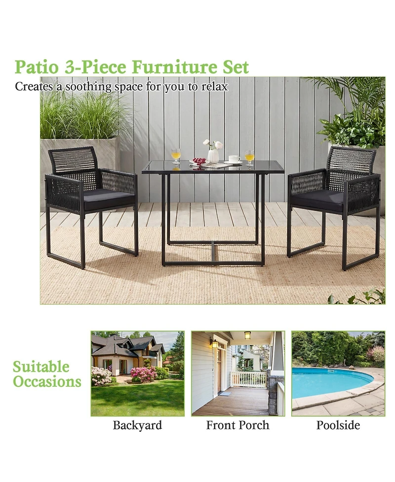 Costway 3PCS Patio Pe Wicker Furniture Set Cushioned Chairs with Folding Backrest Backyard