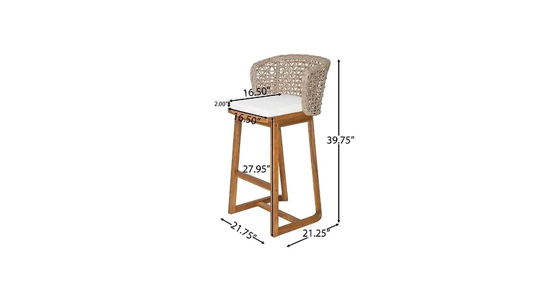 Flynama Set of 2 Outdoor Acacia Wood Bar Stools, Teak Finish with Cushion and Wicker Back