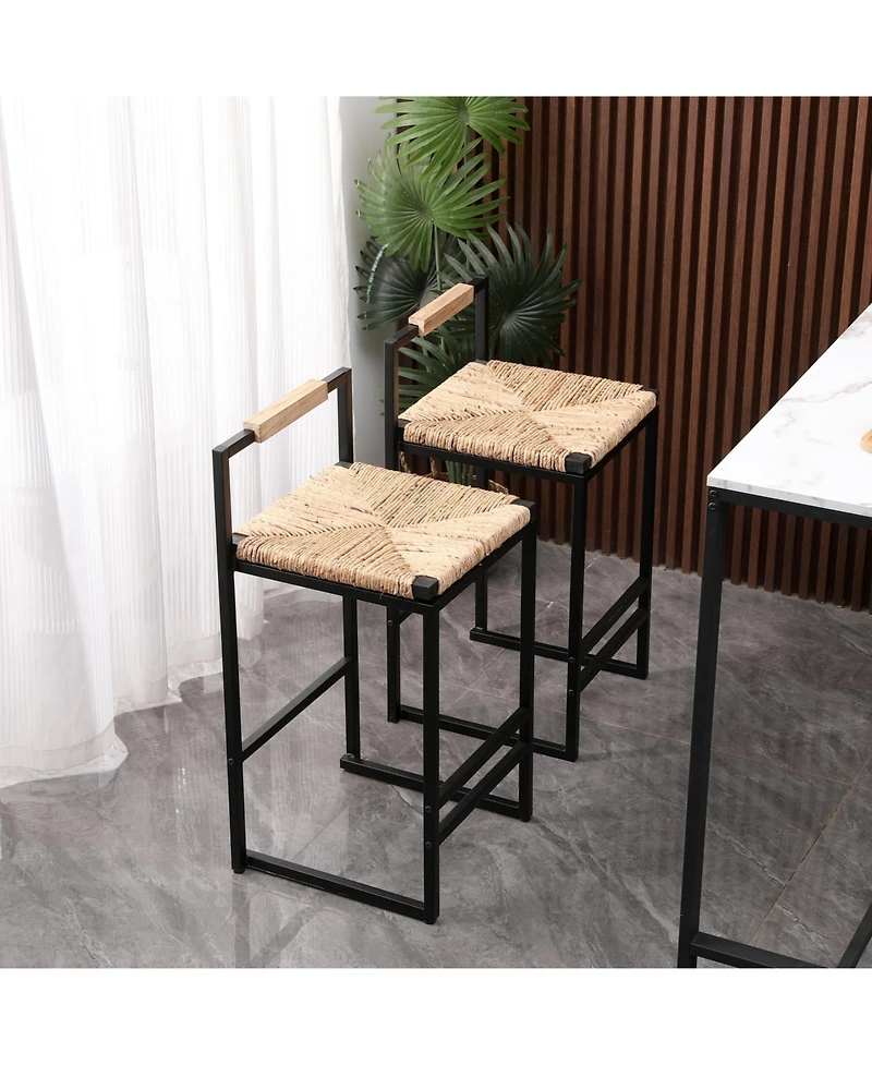 Flynama Set of 2 Water Hyacinth Woven Bar Stools with Back Support