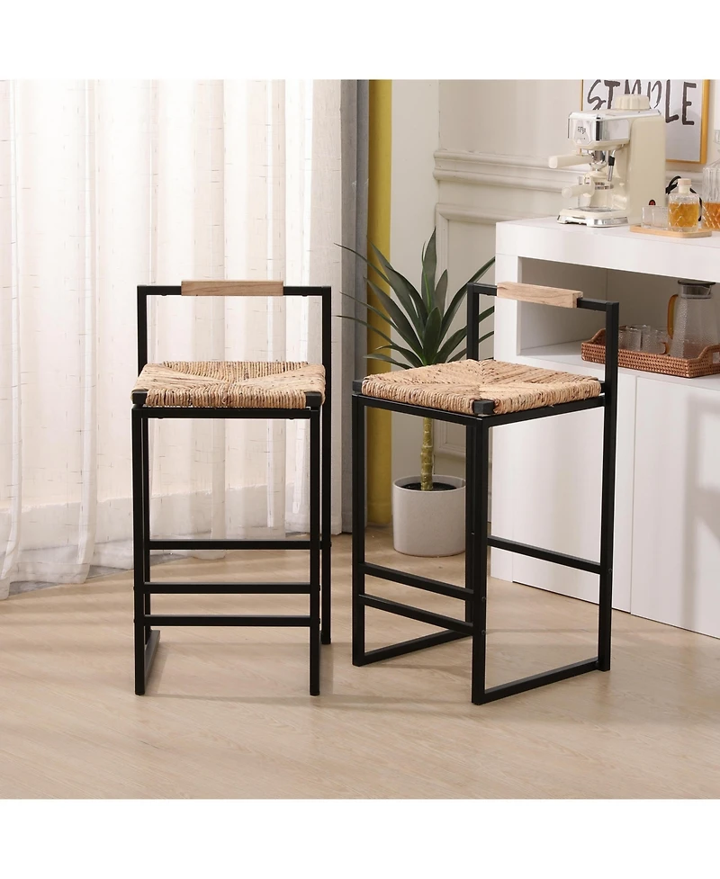 Flynama Set of 2 Water Hyacinth Woven Bar Stools with Back Support