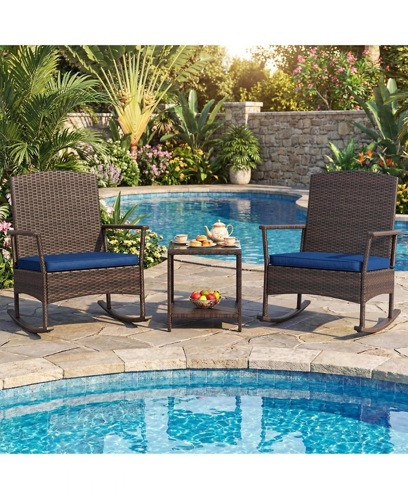 Gouun 3-Piece Wicker Rocking Patio Set with Double-Layer Table
