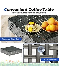 Gouun 3-Piece Low-Profile Pe Rattan Conversation Set with Glass Coffee Table and Cushions