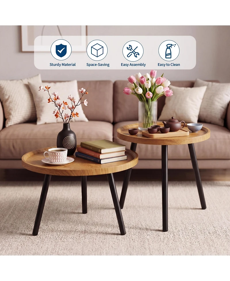 gaomon Round Nesting Coffee Table Set of 2, Wooden Center with Metal Legs, Accent Cocktail End for Living Room, Bedroom, Office