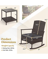 Gymax 3 Piece Patio Rocking Bistro Set 2 Rattan Armchairs w/ 2-Tier Side Table