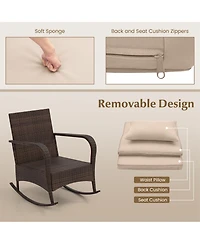 Gymax 3Pieces Outdoor Rocking Set Rattan Rocker Chairs w/ Tempered Glass Coffee Table Wicker Rocker Set