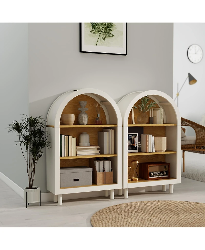 Flynama Set of 2 Woodgrain 3-Tier Elegant Arched Top Storage Bookcase
