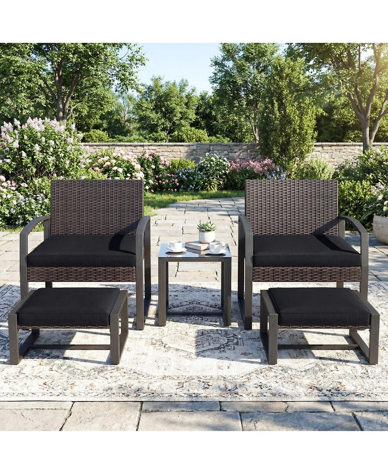 Sugift 5-Piece Patio Conversation Set with 2 Ottomans and Tempered Glass Side Table