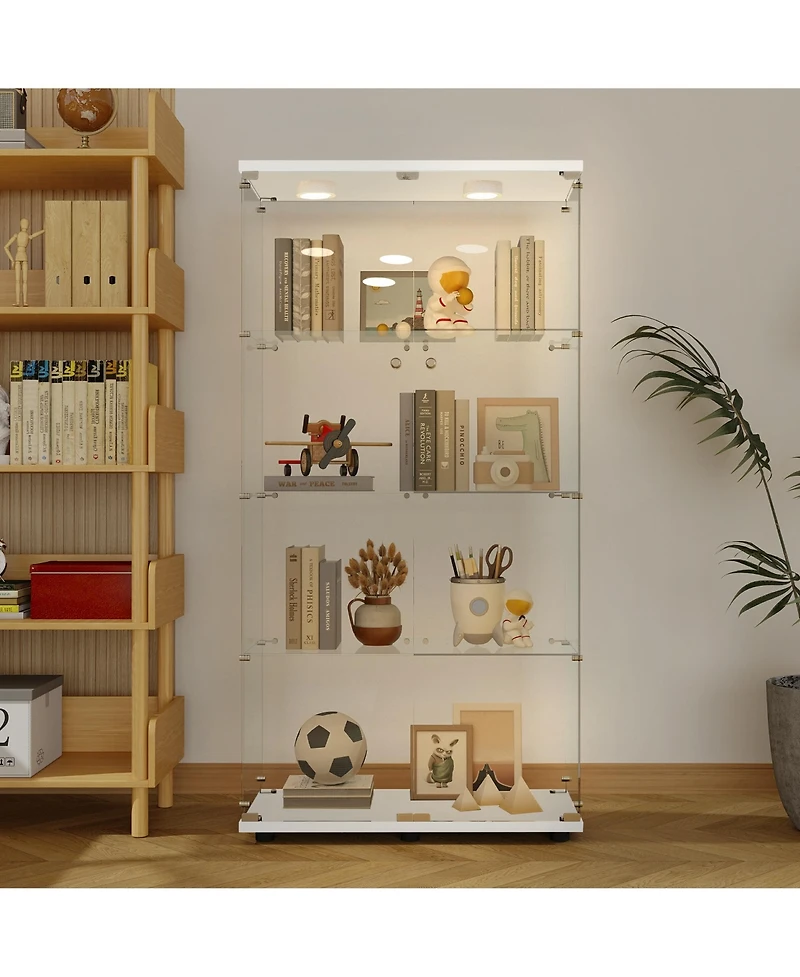 Flynama Tempered Glass Display Cabinet with Remote Control Light and Lockable Casters