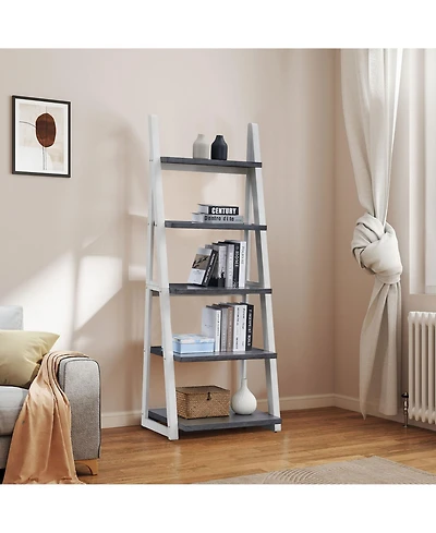 Flynama 5-Tier Rubber Wood Frame Ladder Bookshelf Multi-Layer Home Living Room Kitchen Storage Rack