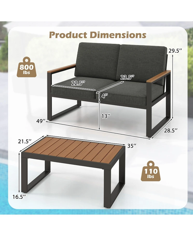Sugift 2-Piece Aluminum Patio Loveseat Set with Wood-Plastic Armrests and Coffee Table