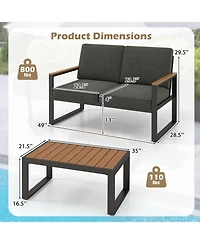 Sugift 2-Piece Aluminum Patio Loveseat Set with Wood-Plastic Armrests and Coffee Table