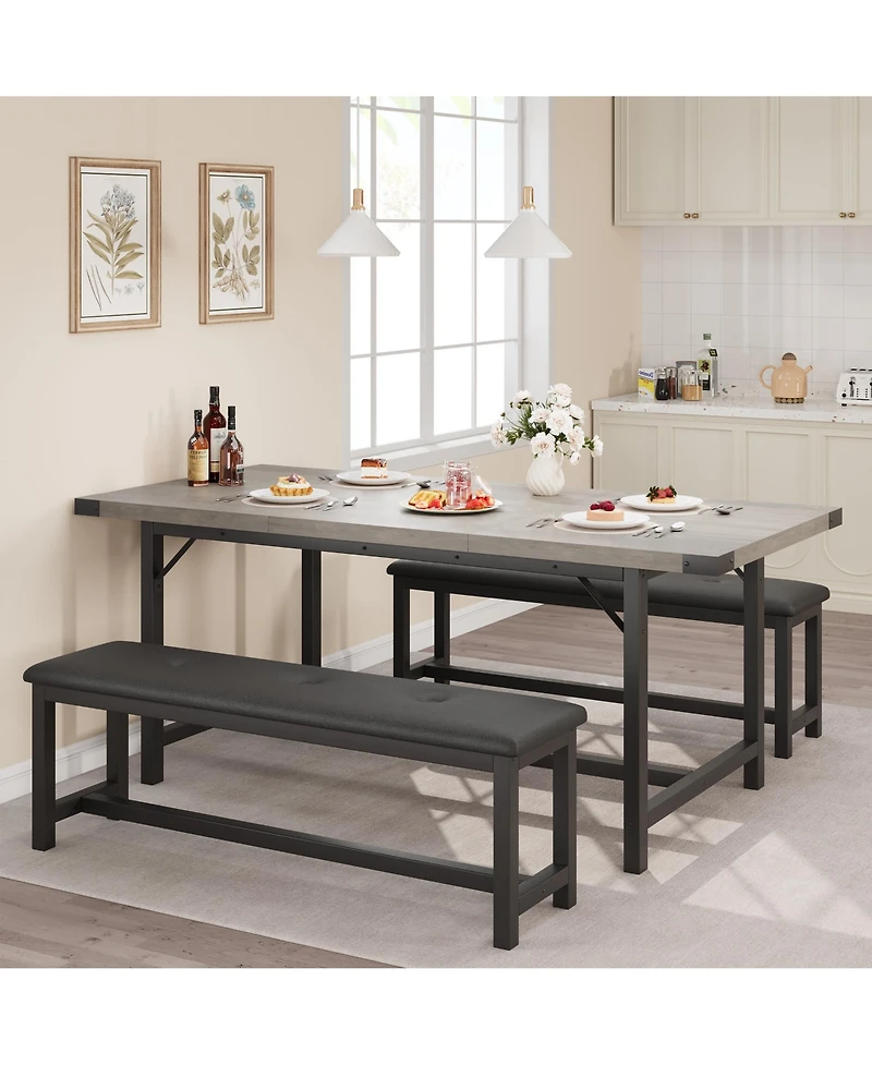 homfan 3 Piece Extendable Dining Set, Sturdy Engineered Wood Table with Padded Benches, Space Saving Multi scene Home Dining Furniture