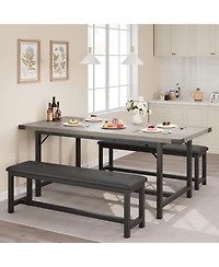 homfan 3 Piece Extendable Dining Set, Sturdy Engineered Wood Table with Padded Benches, Space Saving Multi scene Home Dining Furniture