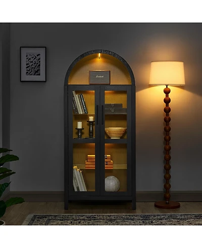 Flynama High Arched Led Light Storage Cabinet Mdf Poplar Wood Adjustable Glass Partition Multi-Functional Home Display Cabinet