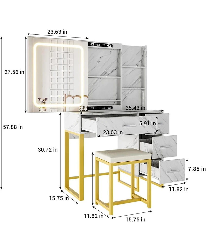 gaomon Marble Lighted Mirror Vanity Desk, 4-Drawer 5-Shelf Makeup Dressing Table