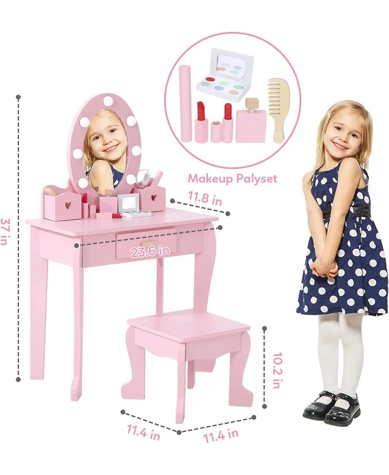 gaomon Toddler Lighted Vanity and Stool Set, Perfect Gift Girls Makeup Pretend Play Table