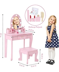 gaomon Toddler Lighted Vanity and Stool Set, Perfect Gift Girls Makeup Pretend Play Table