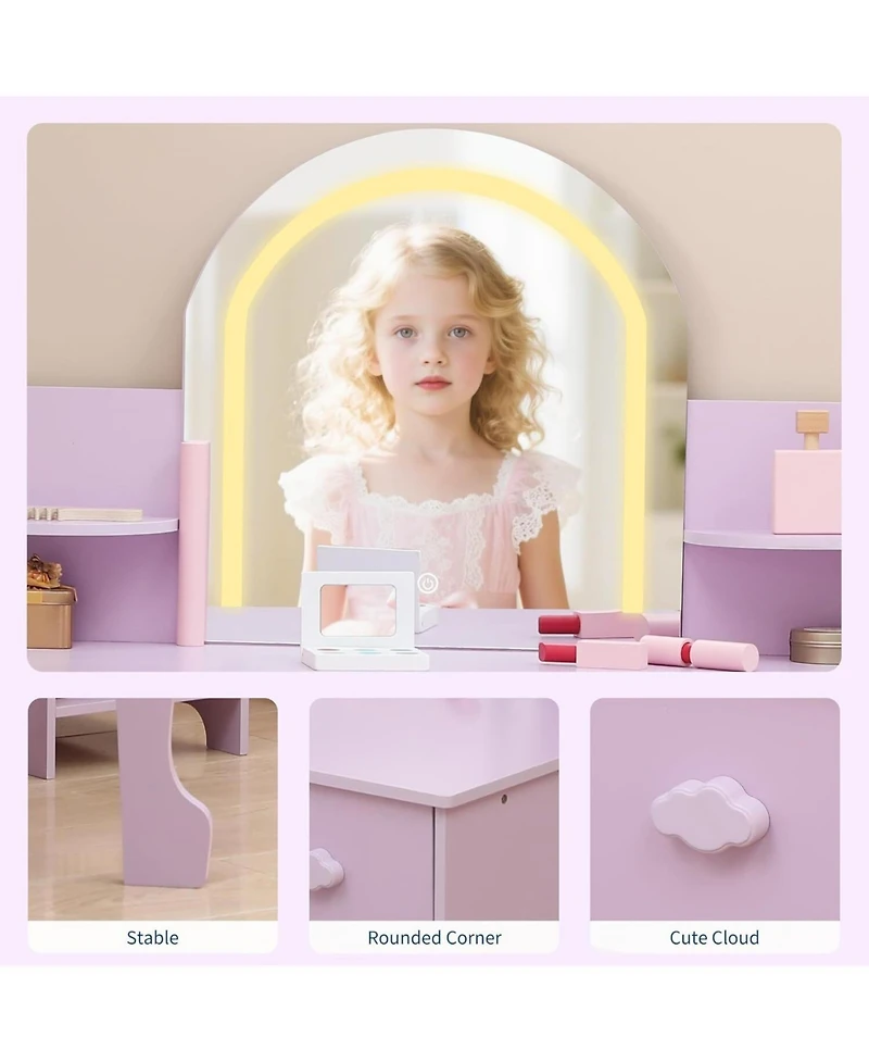 gaomon 2-in-1 Kids Vanity Set, Lighted Mirror Table with Stool, Bookshelf and Makeup Palette Kit