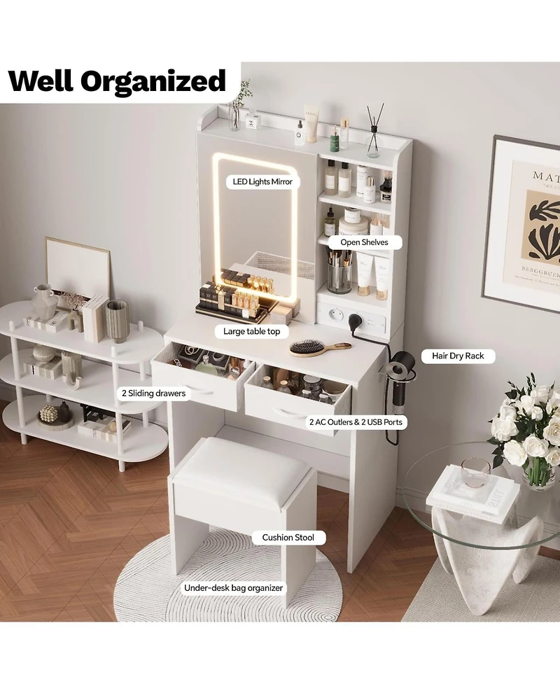 gaomon 2-Drawer Vanity Desk Set, Lighted Makeup Table with Power Outlet, Usb Ports and Stool