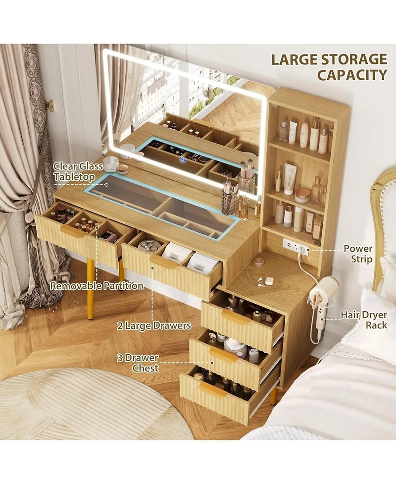 gaomon Almond 5-Drawer Vanity Desk, Makeup Dressing Table with Built-in Usb Charging Station