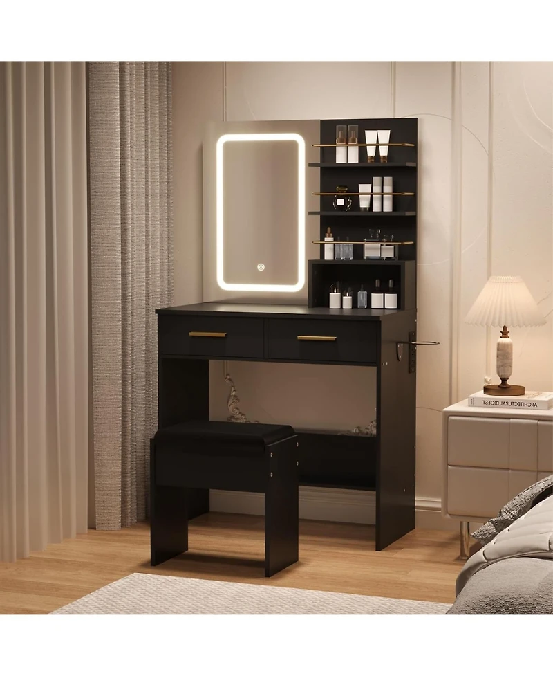 gaomon 2-Drawer Lighted Vanity Set, Makeup Desk with Open Storage Shelves and Led Mirror