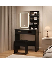 gaomon 2-Drawer Lighted Vanity Set, Makeup Desk with Open Storage Shelves and Led Mirror